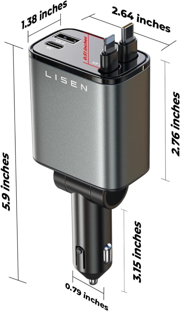 LISEN Retractable Car Charger [69W USB C Car Accessories Adapter ] for iPhone 16 USB C Charger Fast Charging, Travel Essentials Gifts for Women Men, Road Trip Essentials for iPhone 16e 16 15 14 13 12 - Image 6