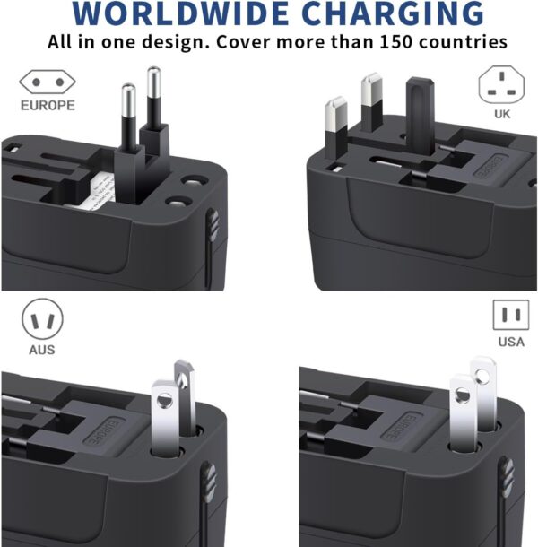 Travel Adapter with USB C, Universal All in One Worldwide Travel Adapter Power Converters Wall Charger AC Power Plug Adapter USB Type C Charging Ports for USA EU UK AUS Black - Image 3