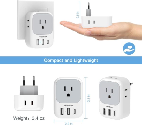 2 Pack European Plug Adapter USB C, TESSAN US to Europe Plug Adapter with 4 Outlets 3 USB Charger, Type C Power Adaptor to Italy Spain France Portugal Iceland Germany, Gray White - Image 6