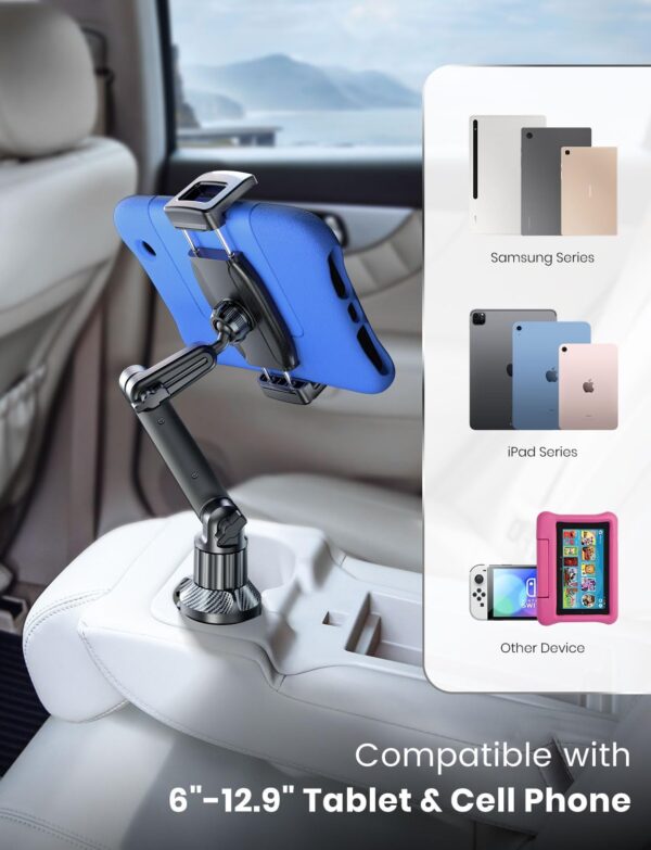 eSamcore Tablet Holder for Car, for iPad Cup Holder Car Mount with 1.57" Depth Large Clamp 15" Height Adjustable for iPad Holder for Car for 6"-12.9" Cell Phone iPhone iPad Stand Travel Accessories - Image 5