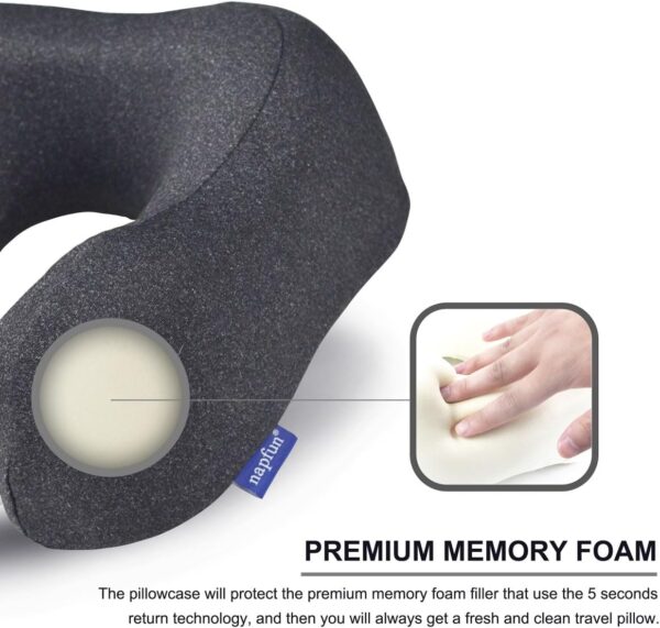 napfun Travel Pillow, Travel Accessories & Travel Essentials for Airplane Upgraded 100% Pure Memory Foam Travel Neck Pillow for Flight Headrest Sleep, Portable Plane Necessities, Full Black - Image 4