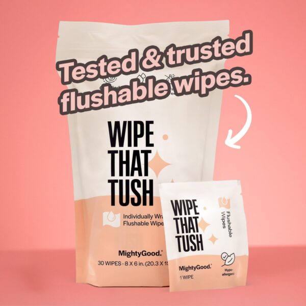 Wipe That Tush On-The-Go Flushable Wet Wipes - 1 Pack, 30 Wipes - Individually Wrapped Extra-Large Wipes with Aloe - Hypoallergenic & Unscented - Septic and Sewer Safe - Image 7