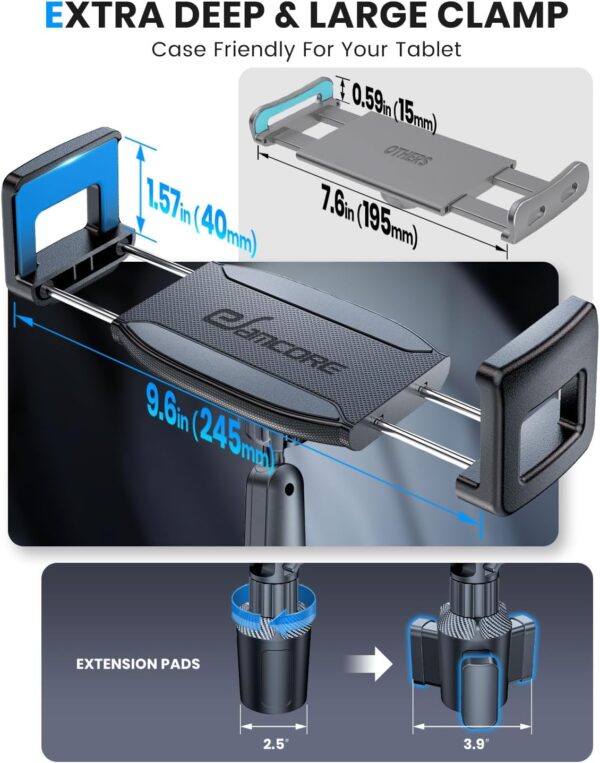 eSamcore Tablet Holder for Car, for iPad Cup Holder Car Mount with 1.57" Depth Large Clamp 15" Height Adjustable for iPad Holder for Car for 6"-12.9" Cell Phone iPhone iPad Stand Travel Accessories - Image 3