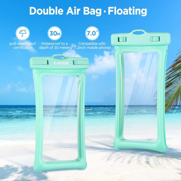 CACOE [Floatable] Floating Universal IPX8 Waterproof Phone case 2 Pack-Up to 7.0",Adjustable Lanyard Phone Pouch,Cellphone Dry Bags for Vacation Beach Pool Kayak Cruise Travel Essentials（Black+Green） - Image 3