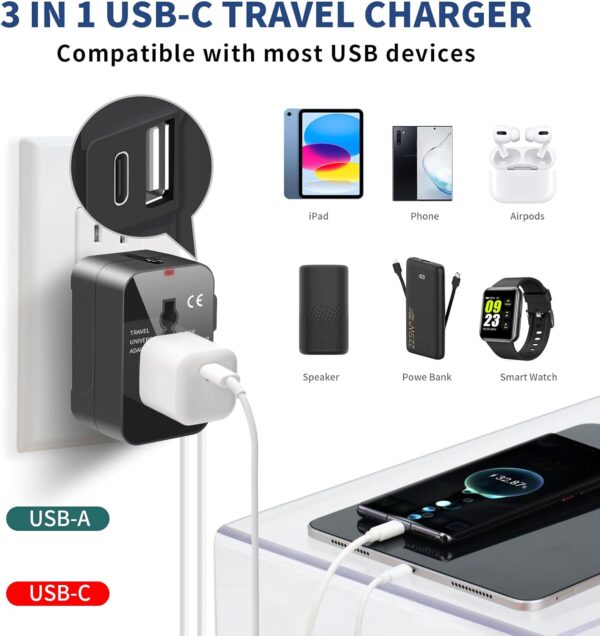 Travel Adapter with USB C, Universal All in One Worldwide Travel Adapter Power Converters Wall Charger AC Power Plug Adapter USB Type C Charging Ports for USA EU UK AUS Black - Image 2