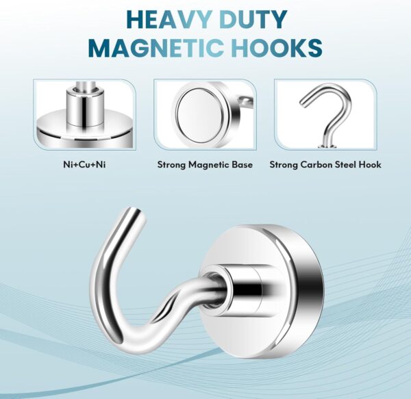 Neosmuk Magnetic Hooks,30lb+ Heavy Duty Earth Magnets with Hook for Refrigerator, Extra Strong Cruise Hook for Hanging, Magnetic Hanger for Cabins, Grill (Silver White, Pack of 10) - Image 2