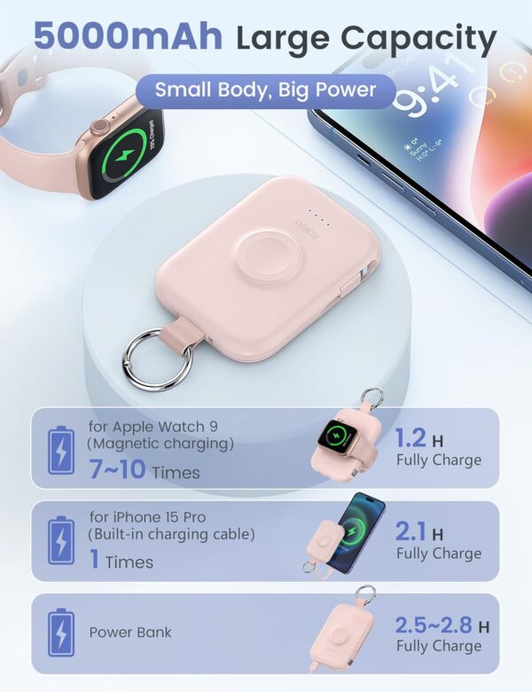 RORRY Portable Charger, 5000mAh Portable Charger Power Bank with Built-in Cables, Travel Keychain Battery Pack for Apple Watch Ultra 2/9/8/Ultra/7/6/SE/5, iPhone 16/15/14/13/12, Pink - Image 3