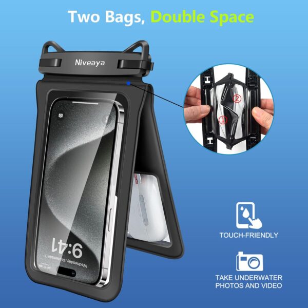 Niveaya Double Space Waterproof Phone Pouch - 2 Pack, Waterproof Phone Lanyard Case with iPhone 16/15/14/13/12 Pro Max up to 8.3", Phone Dry Bags for Vacation Beach Pool Kayak Cruise Travel Essentials - Image 3