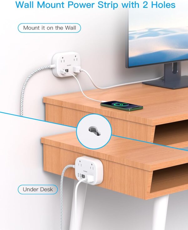 Cruise Ship Essentials, Travel Power Strip with USB C, Flat Plug Extension Cord with 3 Outlets 4 USB Ports(2 USB C), 5 ft Desk Wall Outlet Extender, Non Surge Protector for Cruise, Dorm Room, ETL - Image 6