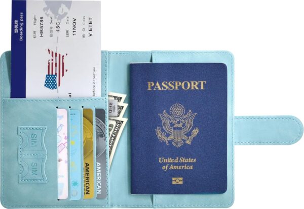 Passport Holder, Passport Cover with Credit Card Slot and Boarding Pass Slot Combo, Passport Wallet Case Book Travel Must Have, RFID Blocking Leather Travel Accessories, Light Blue - Image 5