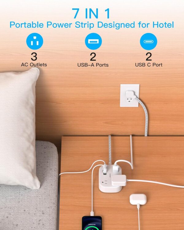 Cruise Ship Essentials, Travel Power Strip with USB C, Flat Plug Extension Cord with 3 Outlets 4 USB Ports(2 USB C), 5 ft Desk Wall Outlet Extender, Non Surge Protector for Cruise, Dorm Room, ETL - Image 2