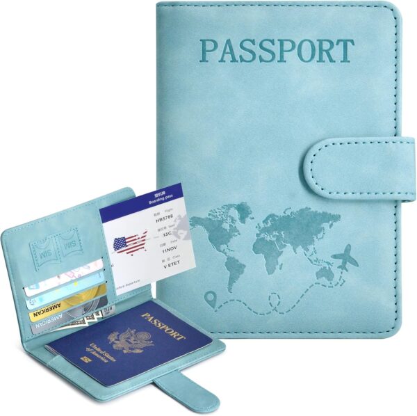 Passport Holder, Passport Cover with Credit Card Slot and Boarding Pass Slot Combo, Passport Wallet Case Book Travel Must Have, RFID Blocking Leather Travel Accessories, Light Blue - Image 2