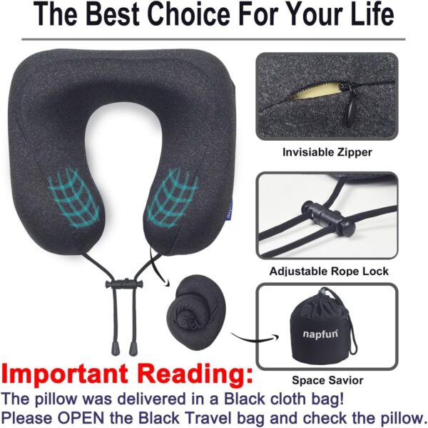 napfun Travel Pillow, Travel Accessories & Travel Essentials for Airplane Upgraded 100% Pure Memory Foam Travel Neck Pillow for Flight Headrest Sleep, Portable Plane Necessities, Full Black - Image 5