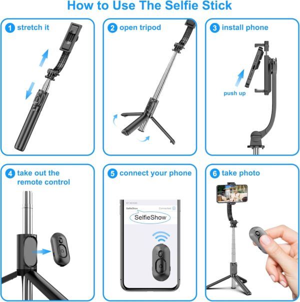 SelfieShow Selfie Stick, Extendable Selfie Stick Tripod with Wireless Remote and Tripod Stand, Portable, Lightweight, Compatible with iPhone 15 14 13 12 Pro Xs Max X 8Plus, Samsung Smartphone and More - Image 6