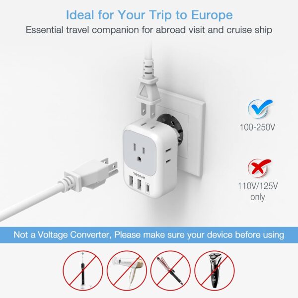 2 Pack European Plug Adapter USB C, TESSAN US to Europe Plug Adapter with 4 Outlets 3 USB Charger, Type C Power Adaptor to Italy Spain France Portugal Iceland Germany, Gray White - Image 5