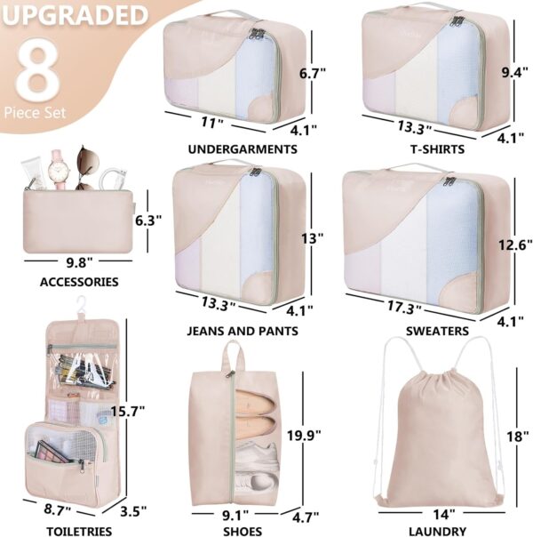 10 Set/8 Set Packing Cubes for Travel, Anti-Tearing Suitcase Organizer for Luggage with Shoe & Hanging Toiletry Bag,OlarHike Vacation Essentials & Accessories for Cruise Ship,Gifts for Women Mom,Cream - Image 2