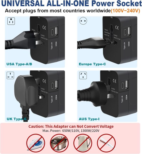 Travel Adapter with USB C, Universal All in One Worldwide Travel Adapter Power Converters Wall Charger AC Power Plug Adapter USB Type C Charging Ports for USA EU UK AUS Black - Image 4