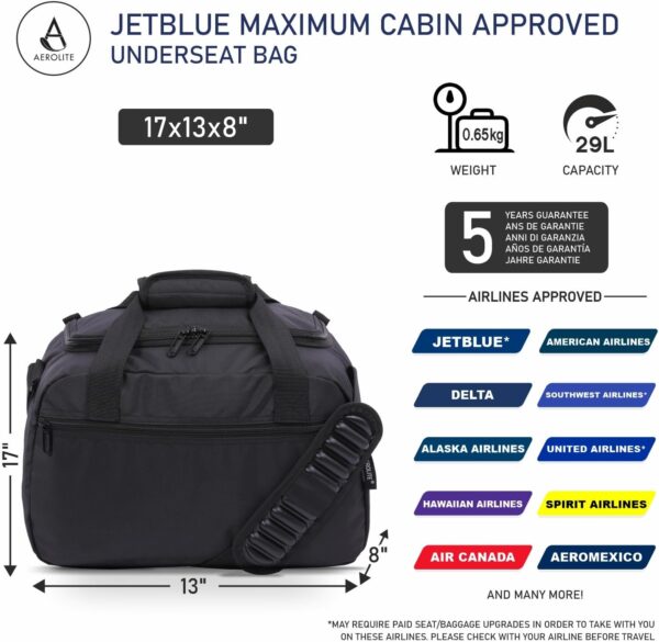 Aerolite Underseat 17x13x8” jetBlue Airline Maximum Size Carry On Holdall with 5 Year Guarantee, Premium Carry On Personal Item Eco-Friendly Travel Duffel Bag - Image 2