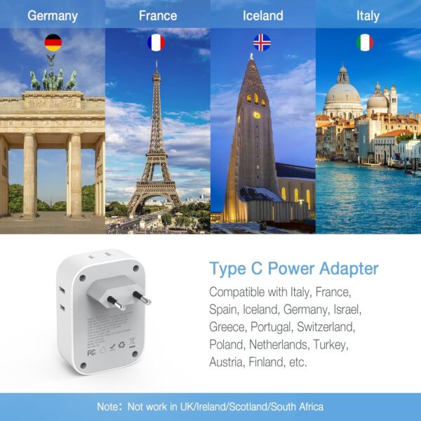 2 Pack European Plug Adapter USB C, TESSAN US to Europe Plug Adapter with 4 Outlets 3 USB Charger, Type C Power Adaptor to Italy Spain France Portugal Iceland Germany, Gray White - Image 2