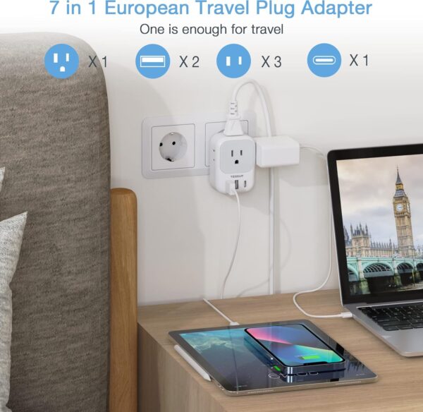 2 Pack European Plug Adapter USB C, TESSAN US to Europe Plug Adapter with 4 Outlets 3 USB Charger, Type C Power Adaptor to Italy Spain France Portugal Iceland Germany, Gray White - Image 3