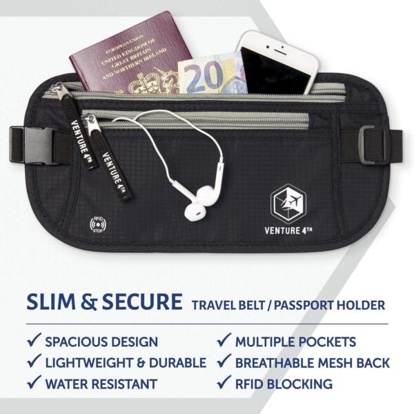 VENTURE 4TH Travel Money Belt - Slim Passport Holder RFID Blocking Travel Pouch to Protect Cash, Credit Cards and Travel Documents - Image 3