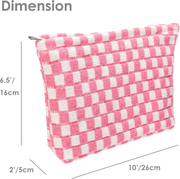 PAZIMIIK Knitted Checkered Makeup Bag Large Zipper Make Up Accessory Pouch for Purse Cosmetic Brush Bag for Travel Essential Pink White - Image 5