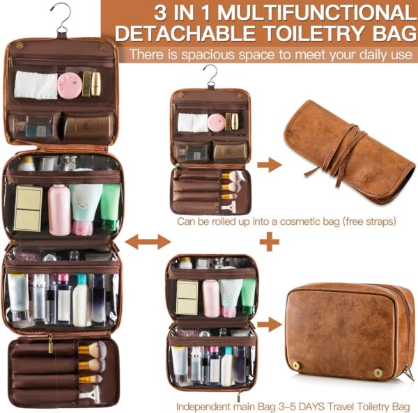 Elviros Toiletry Bag Hanging Travel Organizer for Men and Women, 3 in 1 Multifunctional Large Makeup Cosmetic Case for Toiletries Accessories, Water-resistant PU Leather Bathroom Dopp Kit Shaving Bag - Image 2