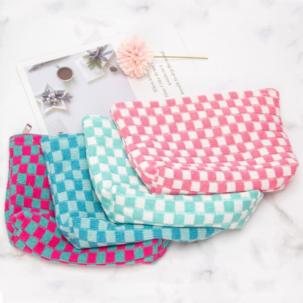 PAZIMIIK Knitted Checkered Makeup Bag Large Zipper Make Up Accessory Pouch for Purse Cosmetic Brush Bag for Travel Essential Pink White - Image 6