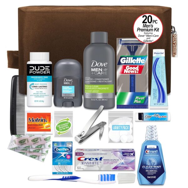 Convenience Kits International Men’s Premium 20-Piece Kit with Travel Size TSA Compliant Essentials, Featuring: Dove Men & Care Products in Brown Dopp Bag - Image 2